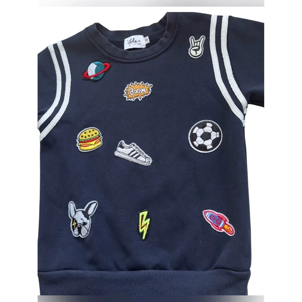 Lola + The Boys Kids Long Sleeve Embroidered Varsity Patch l Blue Jogger Set. 8